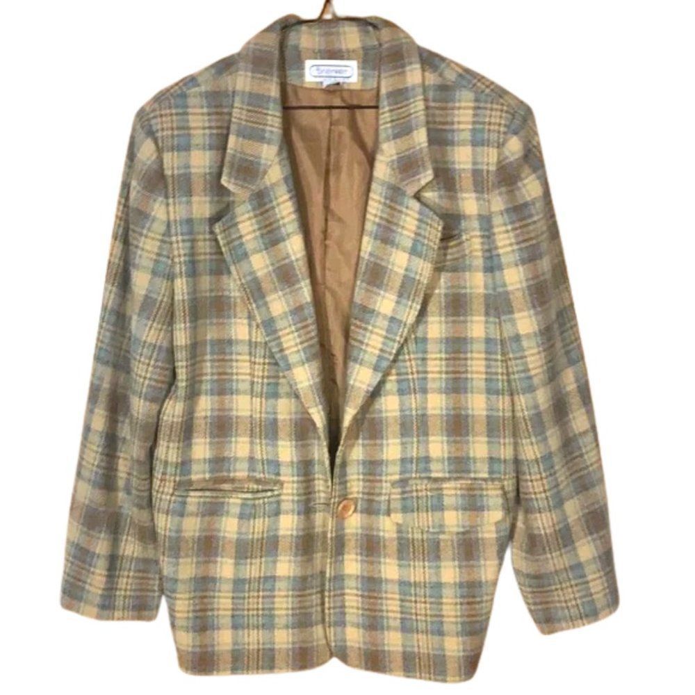Vintage Plaid Blazer Light Academia Oversized Boxy Camel Blue XL